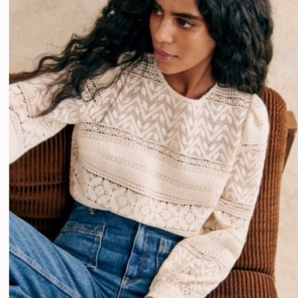 Sezane Ivory Cropped Lace Knit Blouse